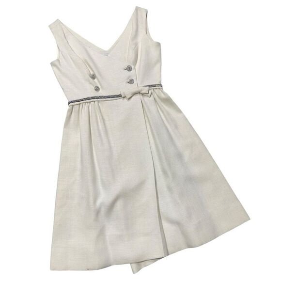 Vintage 1960s Cream Wrap Dress with Bow and Jeweled Belt - Picture 2 of 16